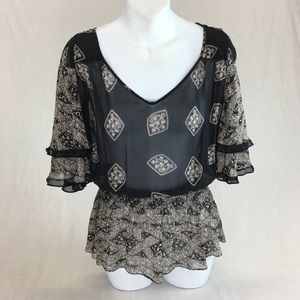 GUESS MARCIANO BLACK AND CREAM BOHO BLOUSE SIZE SM
